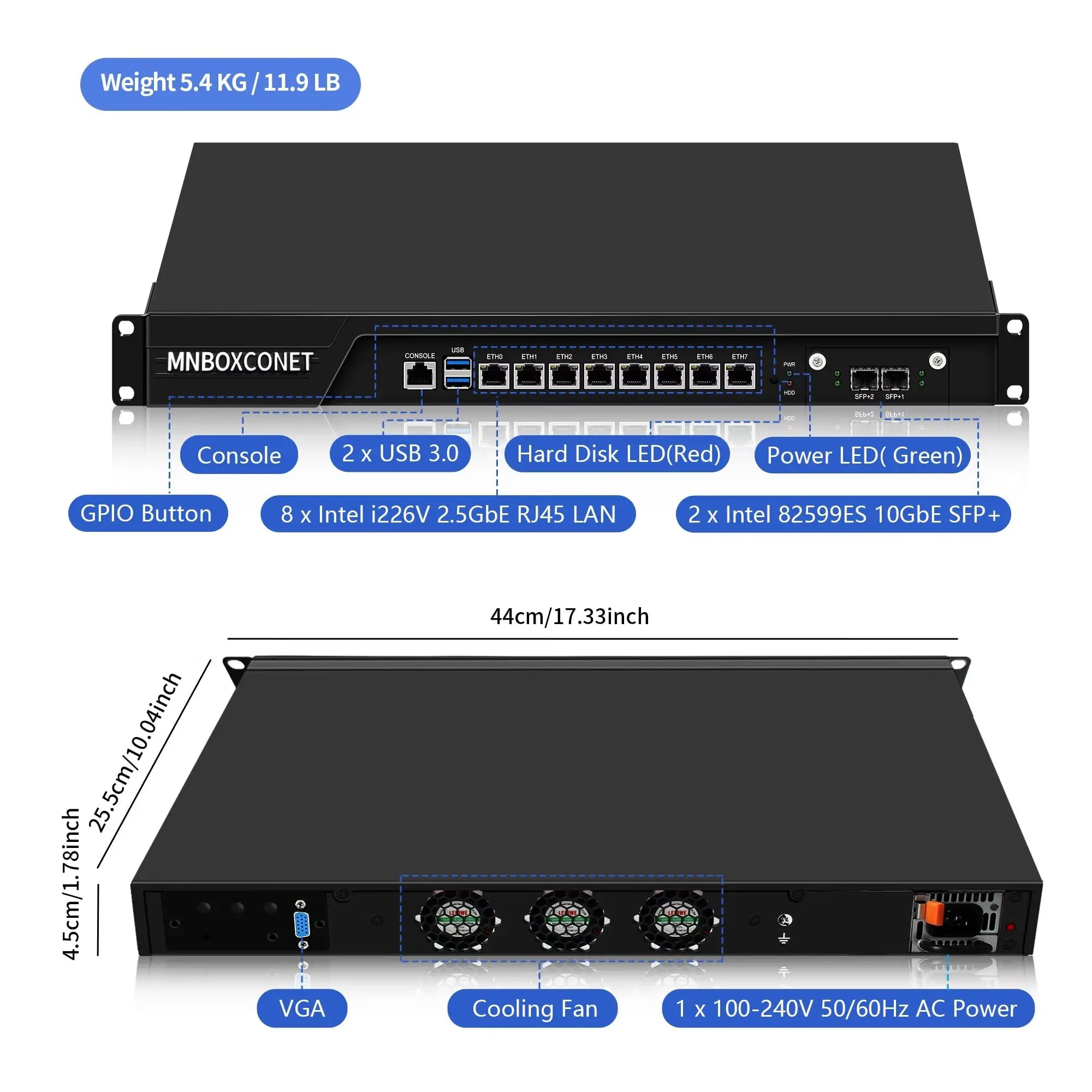MNBOXCONET 1U Server per montaggio su rack Apparecchio per router firewall da 19 pollici i7-7700, Apparecchio di rete 2 x 10 GBE 8 x i226V Gigabit Ethernet