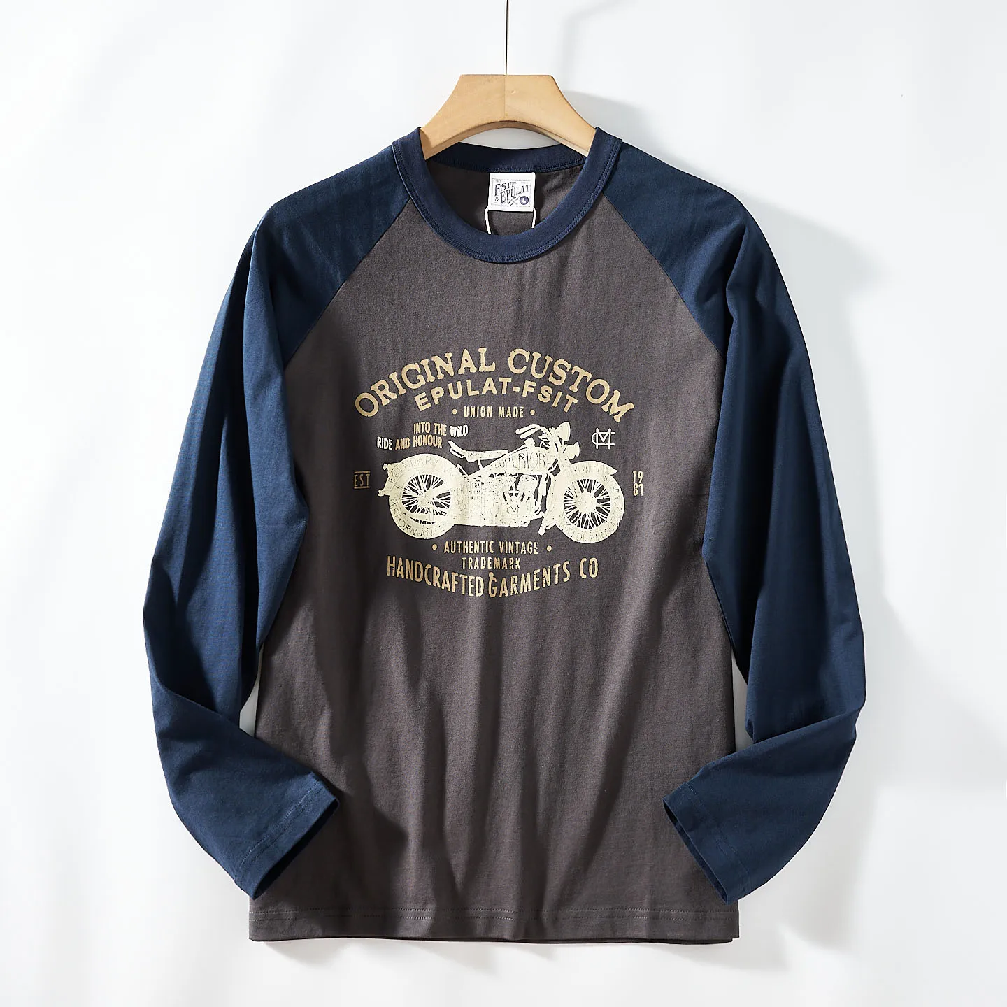 2025 Autumn New American Retro Two Colors Splicing Motorcycle Printed T-shirt Men's Fashion 100% Cotton Washed Casual Sport Tops