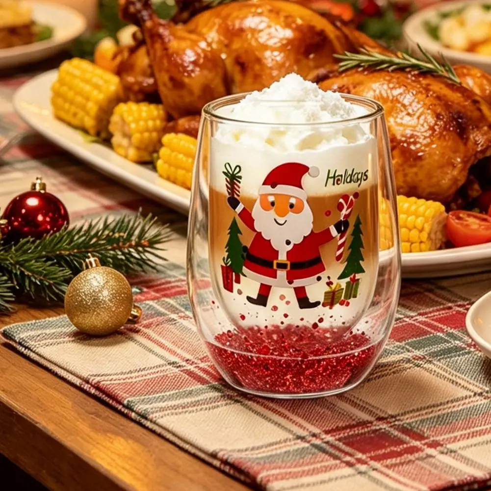Christmas Party Wine Cups Glitter Christmas Wine Glass 300ml Double Layer Tumbler Festive Holiday Drinkware Buffalo for Parties