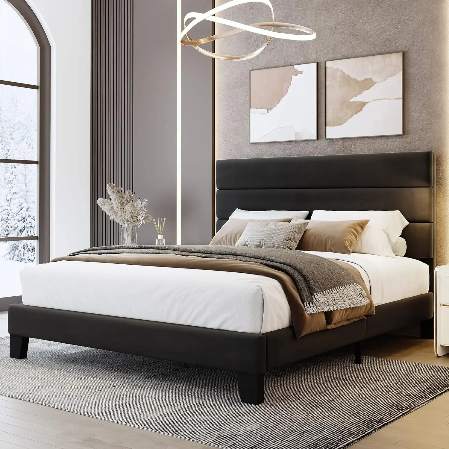 Queen Bed Frame Platform Bed with Velvet Upholstered Headboard and Wooden Slats Support, Heavy Duty Mattress.