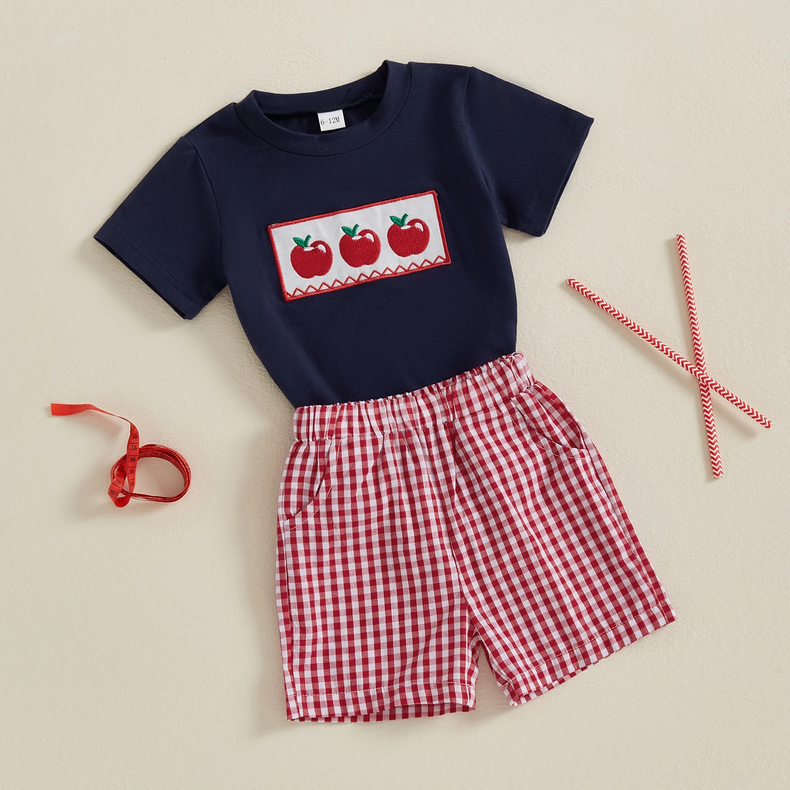 Baby Toddler Boy Summer Outfit Apple Short Sleeve T-shirt Plaid Shorts with Pockets 2 Pcs Set