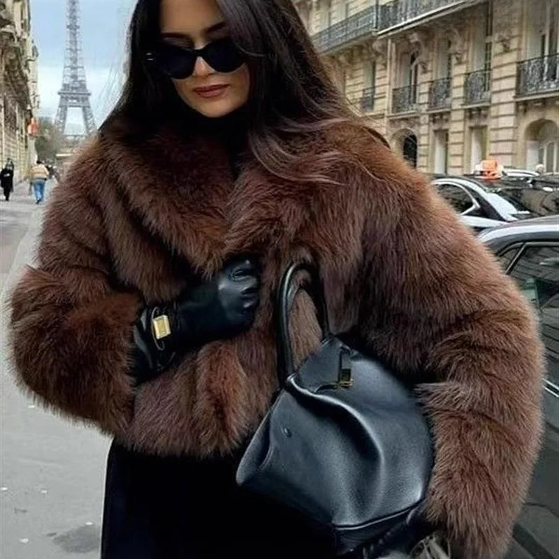 

Women's ort Collar Fur Coat Winter Artificial Brown Top Versatile Fake Fur Leather European Sle Long Sve with Hat