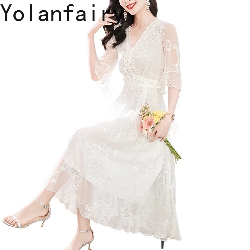 YOLANFAIRY جودة عالية 100% فستان حريري التوت الحقيقي الملابس النسائية التطريز فستان أبيض أنيق فساتين الصيف رداء امرأة