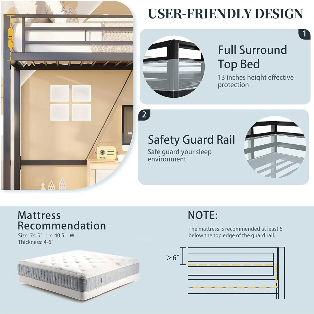 Stallei-Lit double en métal avec échelle perfectionnée, lit loft avec protection de sécurité, cadre de lit peu encombrant, sans bruit