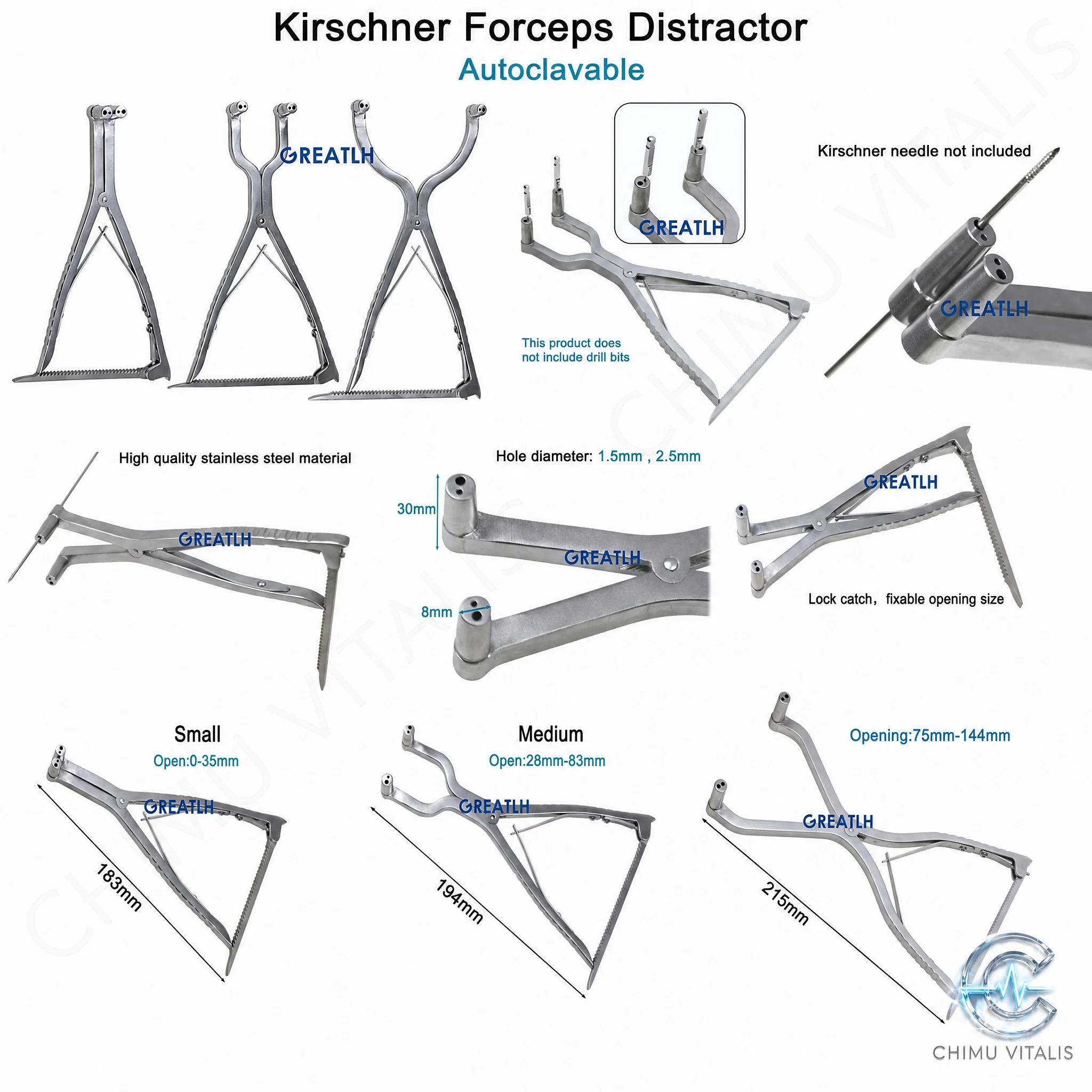 【CHIMU VITALIS】 1.5 2.5 Kirschner Forceps Distractor Stainless Steel Veterinary Instrument