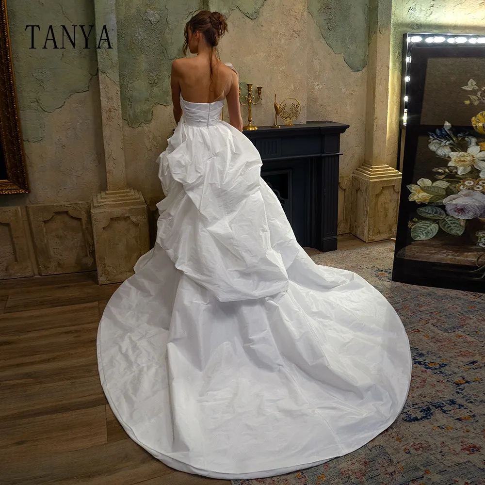 Fashion One Shoulder Taffeta Wedding Dresses New Sleeveless High Split Sweep Train Zipper A Line Bridal Gown Chic TSWD344