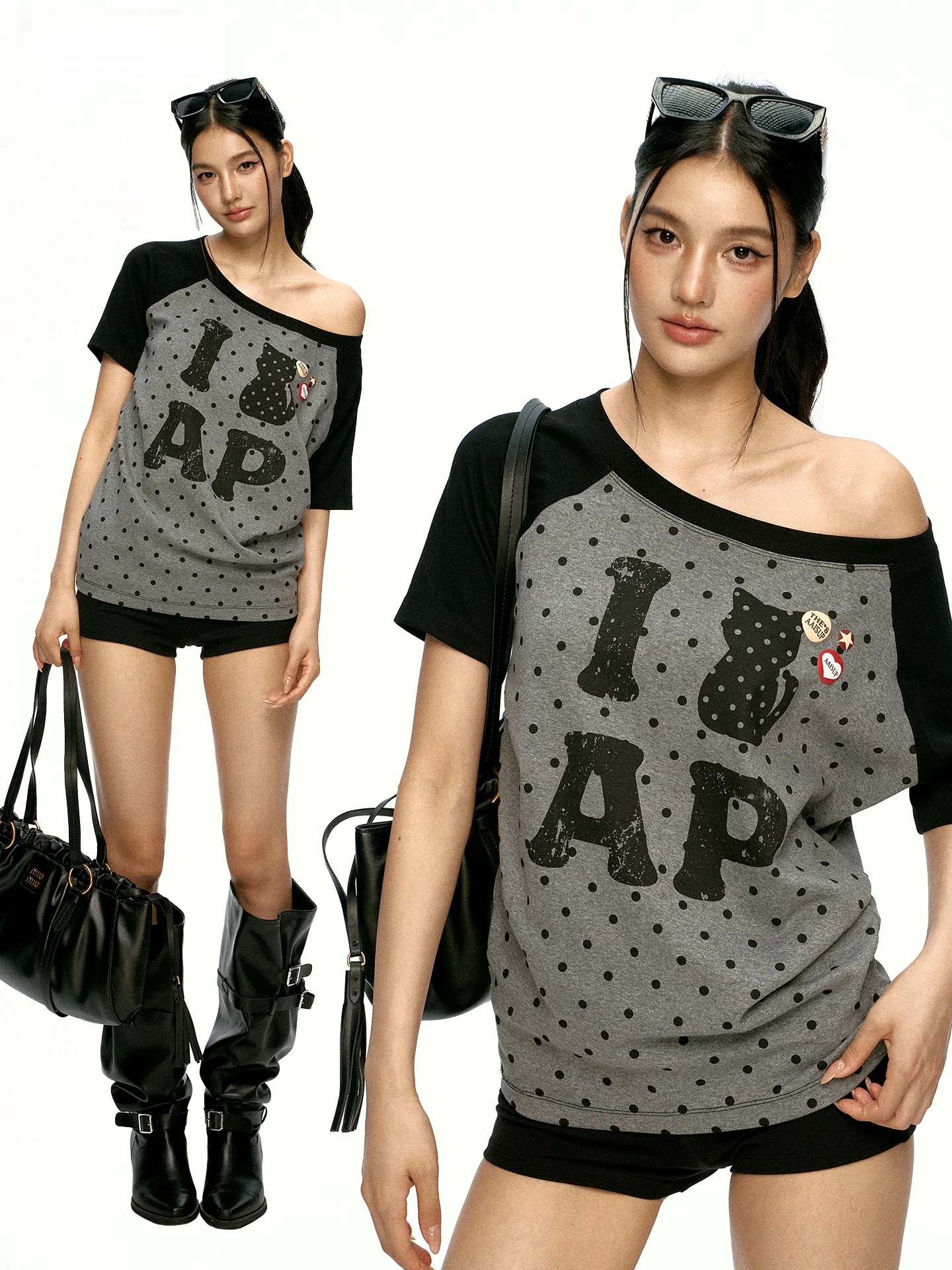 

Aaisup American Retro Hot Girl Diagonal Shoulder Short Sleeve T-shirt Women Summer Design Digital Printing Slimming Top Trendy