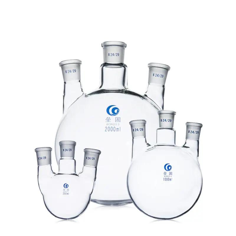 

Oblique Three port Glass flask Round bottom Borosilicate glass Standard Mouth three neck flask reactor (#14/19/24)