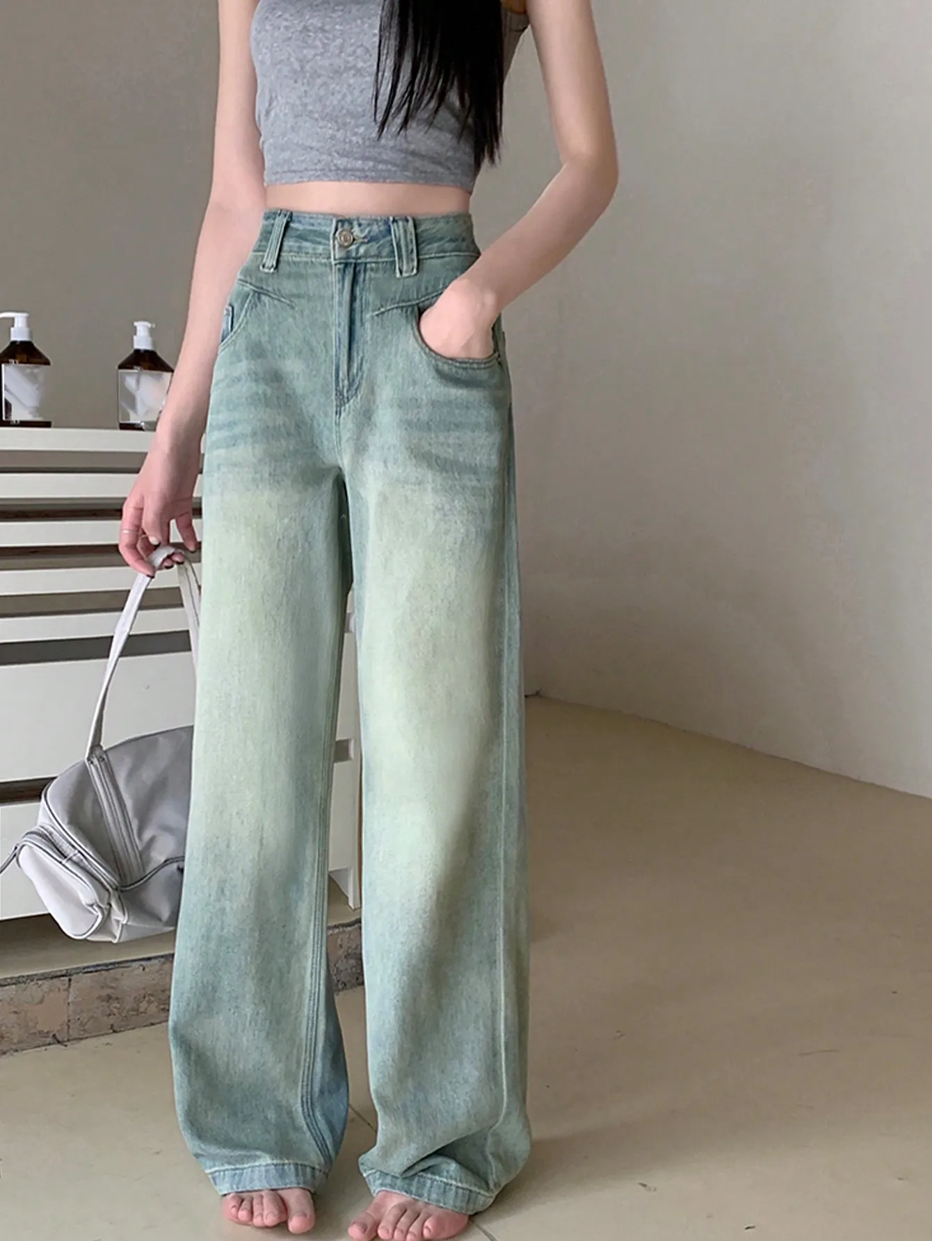 Korean Chic Autum American Retro High-Waisted Washed Distressed Jeans for Small People with Pear-Shaped Body Wide-Leg Pants for Women