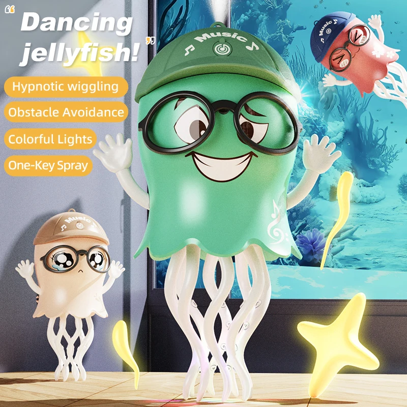 面白い踊るクラゲのおもちゃ 自動障害物回避 クロールするクラゲ 電子ペットおもちゃ スプレー音楽ライト付き クリスマスギフト