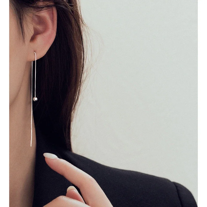 Real 925 Sterling Silver Bead Square Long Chain Tassel Drop Earrings For Women Classic Fine Jewelry Geometric Accessories