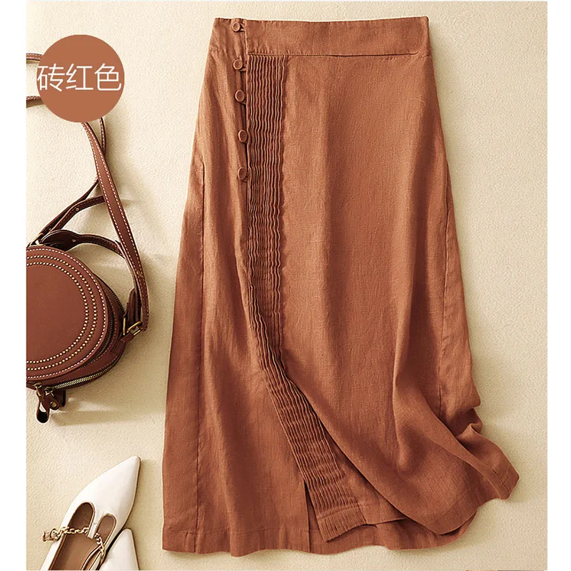 الصيف مطوي سبليت ميدي تنورة المرأة تنوعا ألف خط القطن الكتان تنورة السببية زر مرونة عالية الخصر التنانير