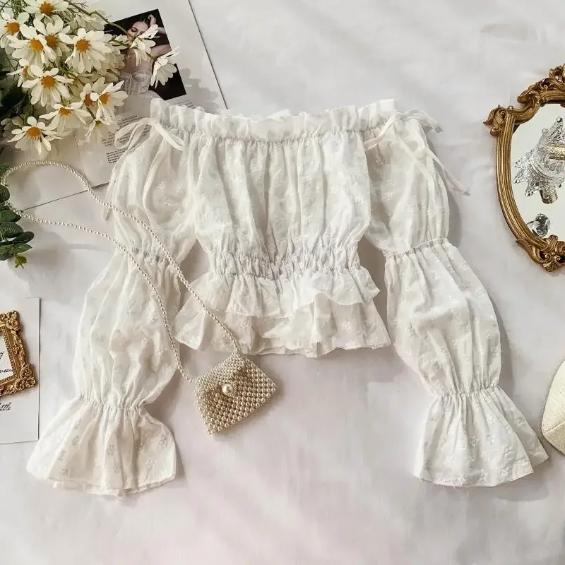 Blusa de manga larga, camisas de verano para Mujer, Bluzas de encaje con hombros descubiertos, camisa de Mujer, Tops cortos con corsé y triangulación de envíos
