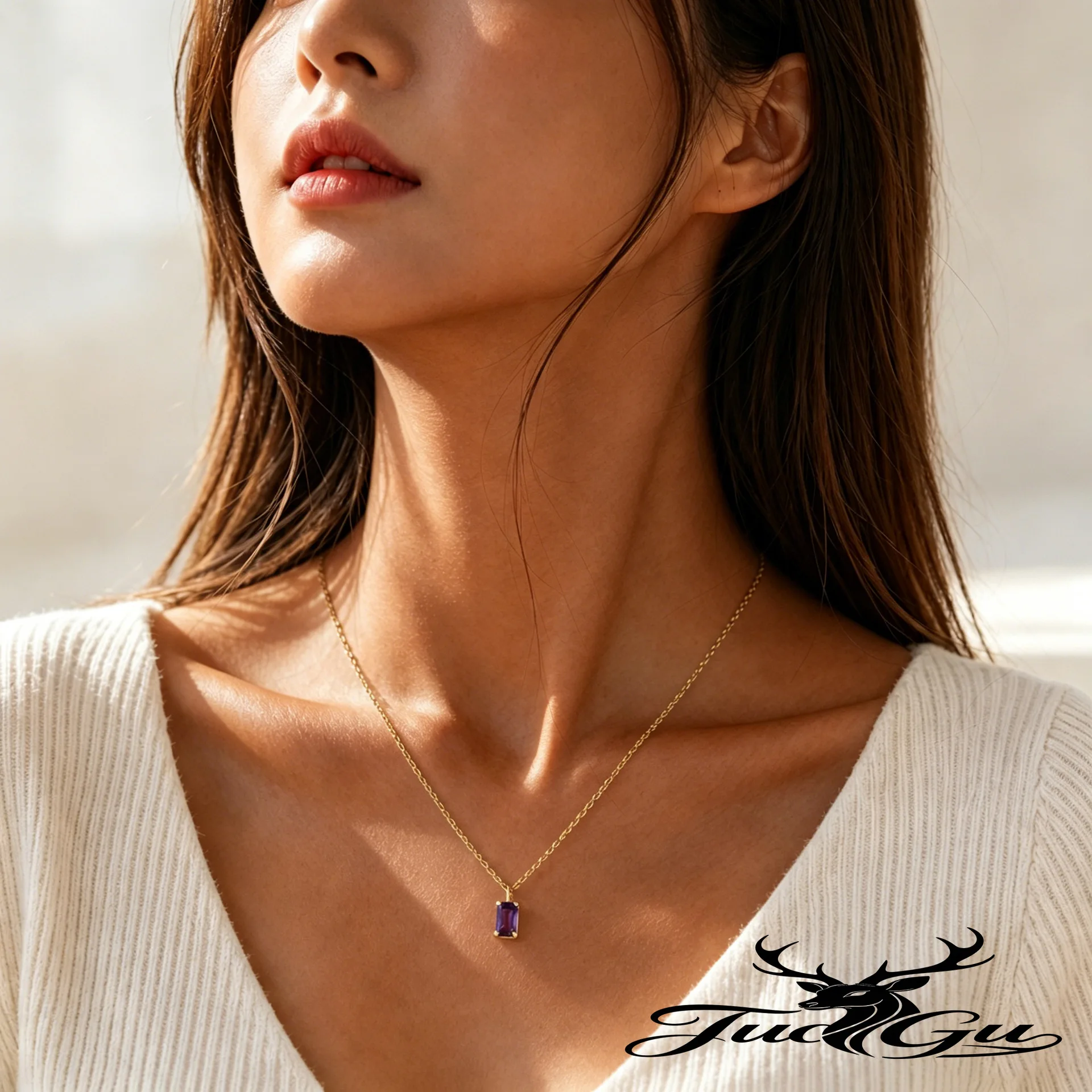 Rechteckige Halskette mit Zirkonia-Anhänger für Damen, mehrfarbig, klare Steine, Schlüsselbeinkette, minimalistischer Choker, edler Schmuck – Detail 2