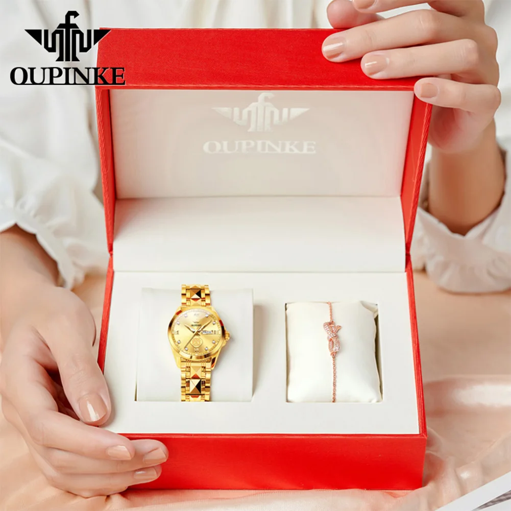 OUPINKE 3305 Women Watch Real Gold Real Diamond Sapphire Mirror Elegant Automatic Mechanical Ladies' Watch Necklace Set Gift