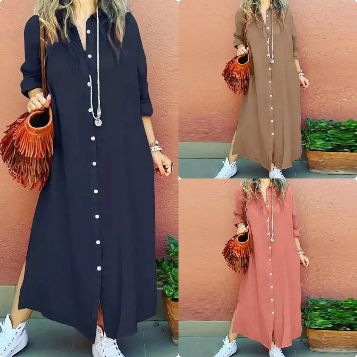 2024 plus size women's dress cotton linen shirt long skirt Japanese and Korean casual long sleeved cardigan dress