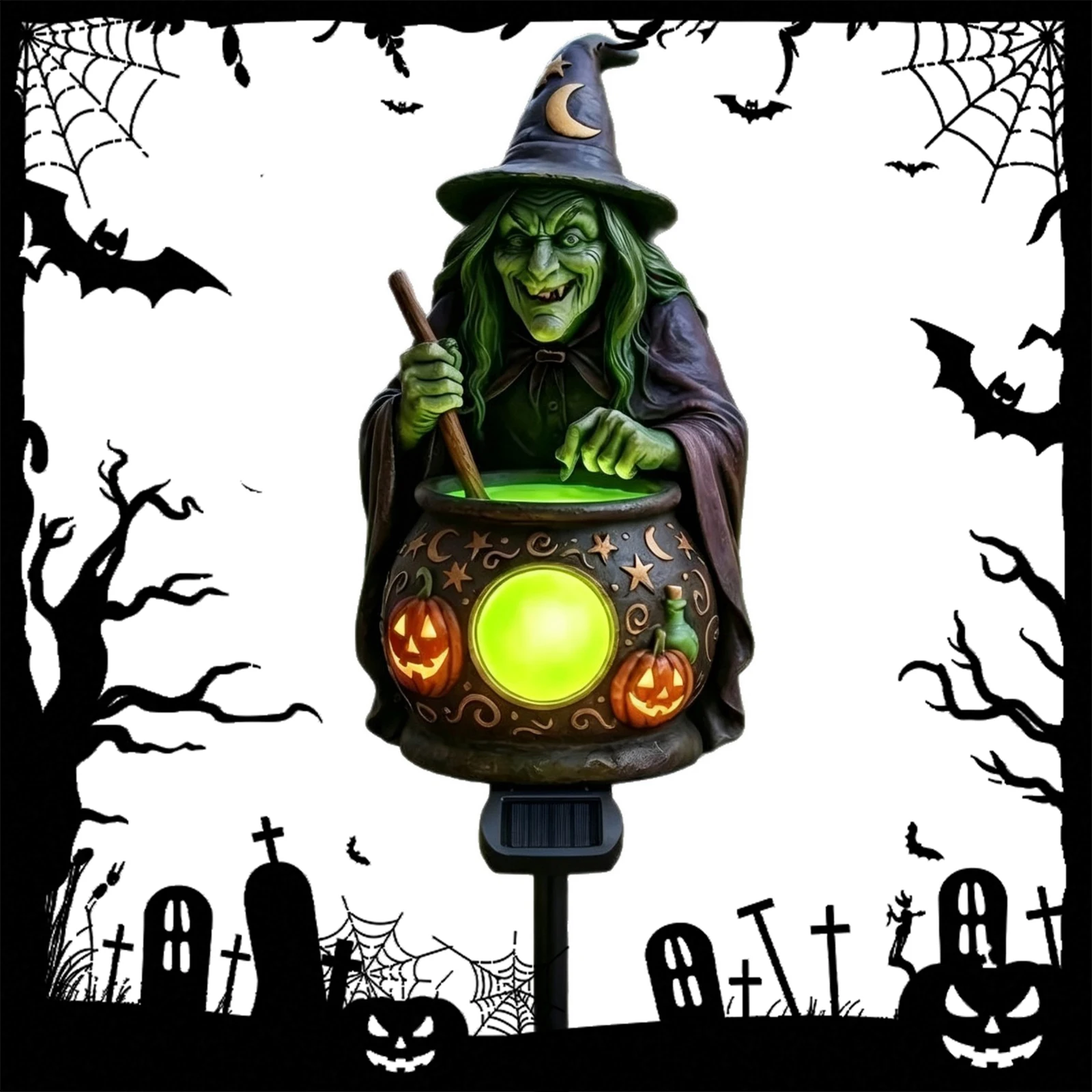 Outdoor Solar Stake Light Halloween Witch Cauldron Pumpkin Resin Garden Lantern Dusk to Dawn Auto On Off Yard