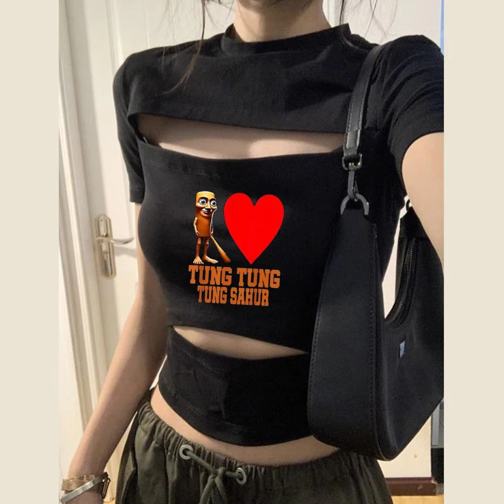 Tung Tung Sahur cropped top female party manga anime funny japanese t shirt streetwear meme emo graphic