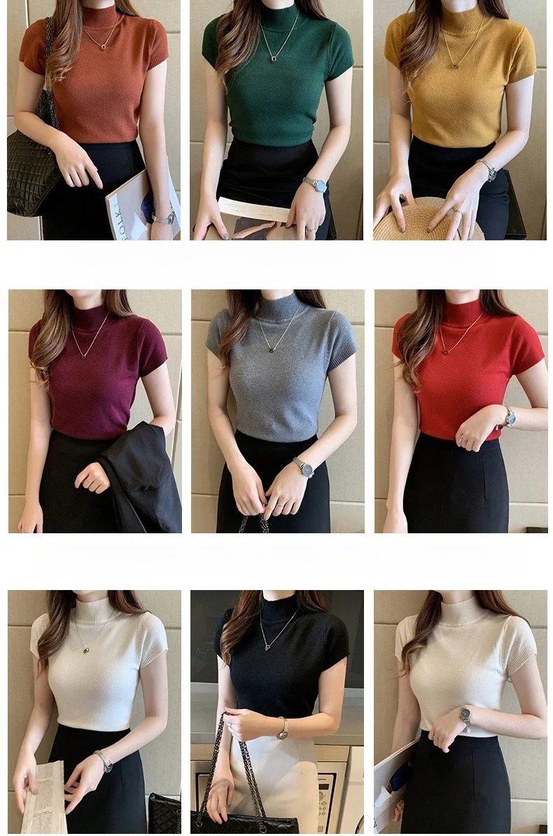 Halbhohes T-Shirt für Damen, modischer Pullover, lässige Oberteile, koreanischer Stil, elegante einfarbige Kleidung, Frühlings- und Sommersaison – Detail 3