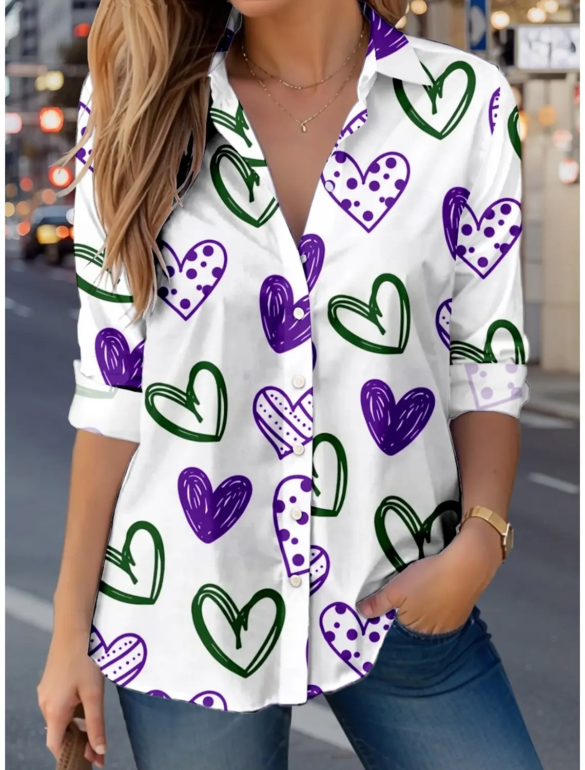 Женская рубашка, повседневная рубашка в форме сердца на День святого Валентина, рубашка с длинным рукавом и воротником с принтом в виде сердца, повседневная, повседневная, фиолетовая