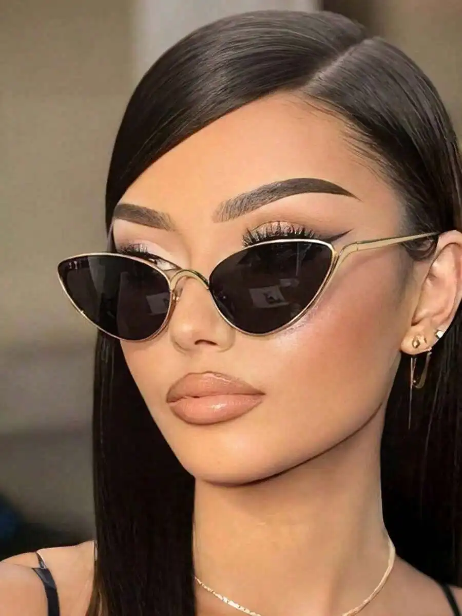 

Women Cat Eye Fashion Sunglasses Metal Frame Black Lens Retro Streetwear UV Protection Eyewear Accessory
