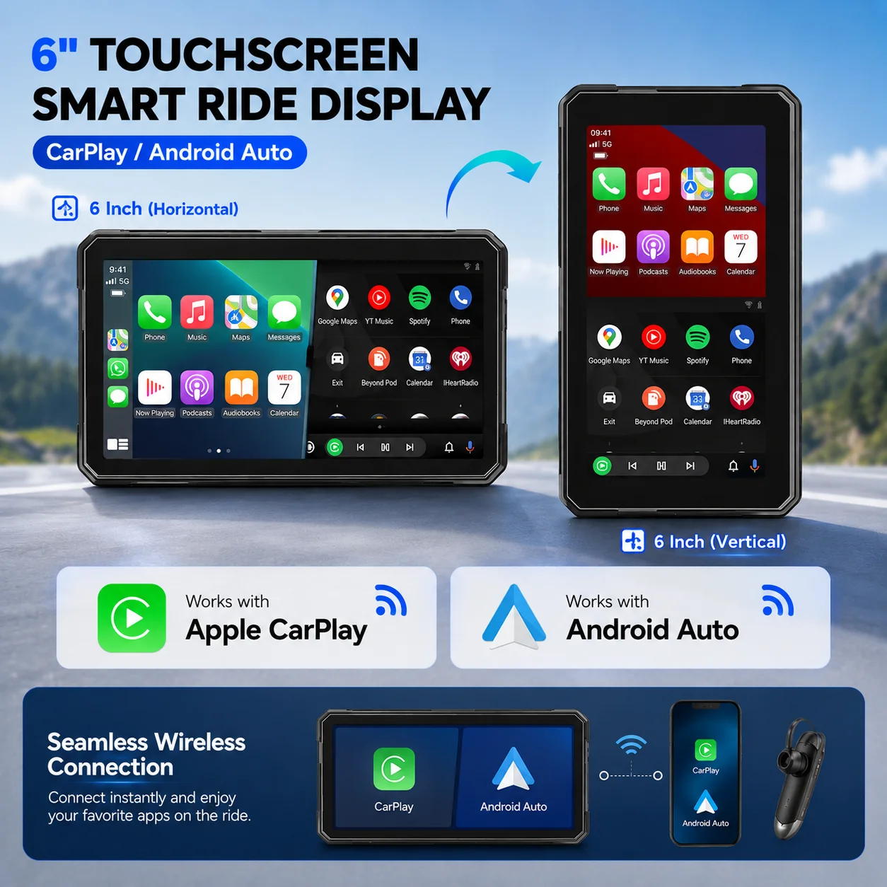 Portable 6 inch Motorcycle GPS Navigation Carplay Screen BT5.0 Digital Dashboard Monitor Screen Rotation IPX7 Waterproof