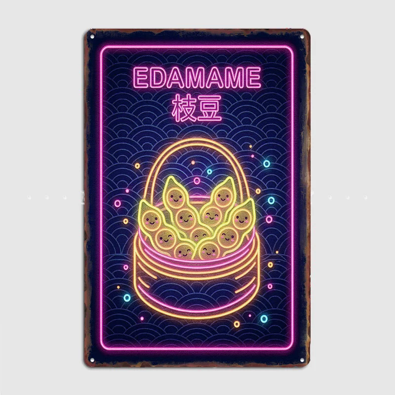 Letrero de neón de Edamame, bonito póster artístico de comida, letrero de metal, decoración personalizada para dormitorio, decoración de pared para el hogar, pósteres, decoración de pared interior