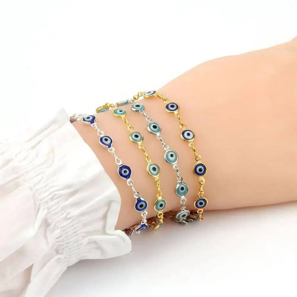 Women Dainty Evil Eye Chain Bracelet Lovely Blue Beads Link Bangle Good Luck Protection Enamel Beaded Turkish Jewelry