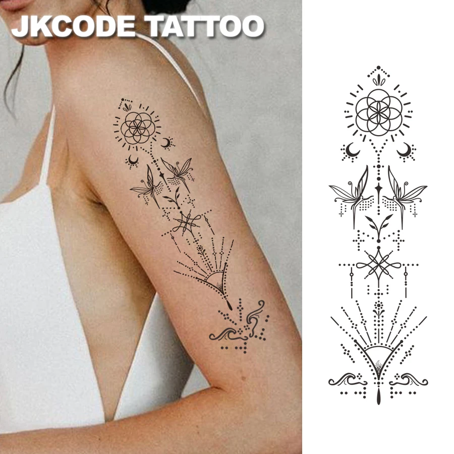 Elegant and simple dot-line combination series pattern - crescent moon, starlight, butterfly pattern - women's finger tattoo, long-lasting waterproof tattoo stickers for hands, neck, and feet. Elegant Durable Tattoo Stickers Body Art For 15 Days