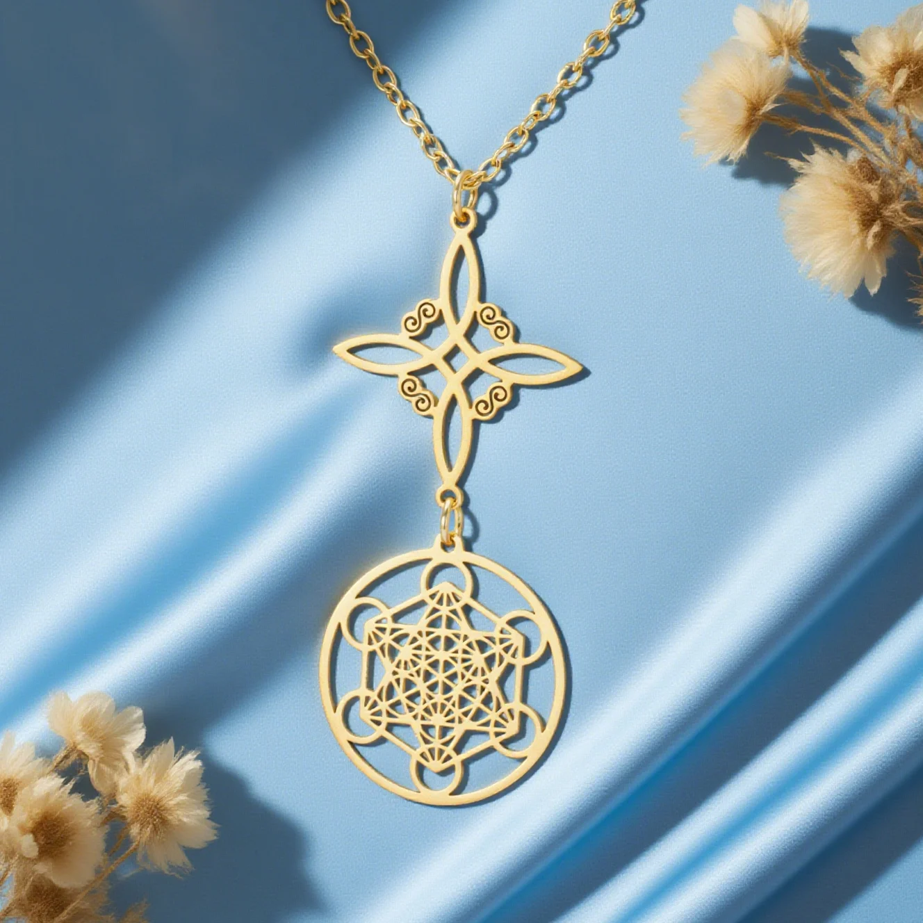 Dawapara Halskette mit Hexenknoten und Metatron-Anhänger, Wicca, Glücksbringer, Talisman, Edelstahl, mystischer spiritueller Schmuck – Detail 10