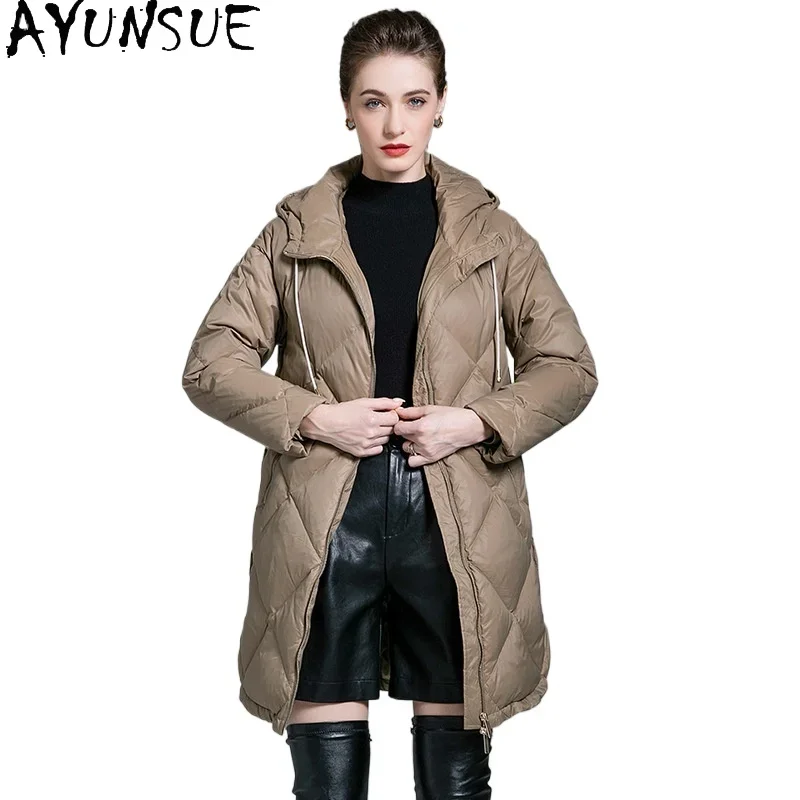 AYUNSUE White Duck Down Puffer Jacket Women Vintage Long Down Coats 2024 New in Outerwears Winter Plus Size Clothes Пуховики