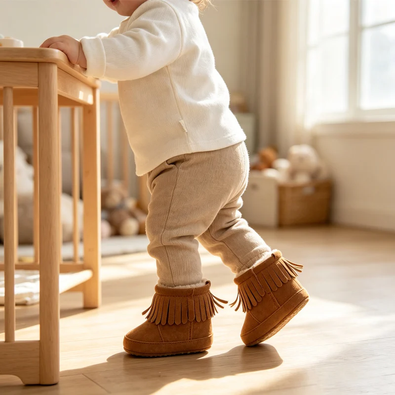 Winter Baby Snow Boots Warm Fleece Lined Soft Sole Non-Slip Suede Fringe Booties Infant Toddler First Walker Boys Girls 3-12M view 3