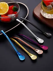 WORTHBUY 18/8 Colorful Stainless Steel Tea Drinking Straws Spoon Tea Filter Reusable Bombilla Gourd Tea Tools Bar Accessories