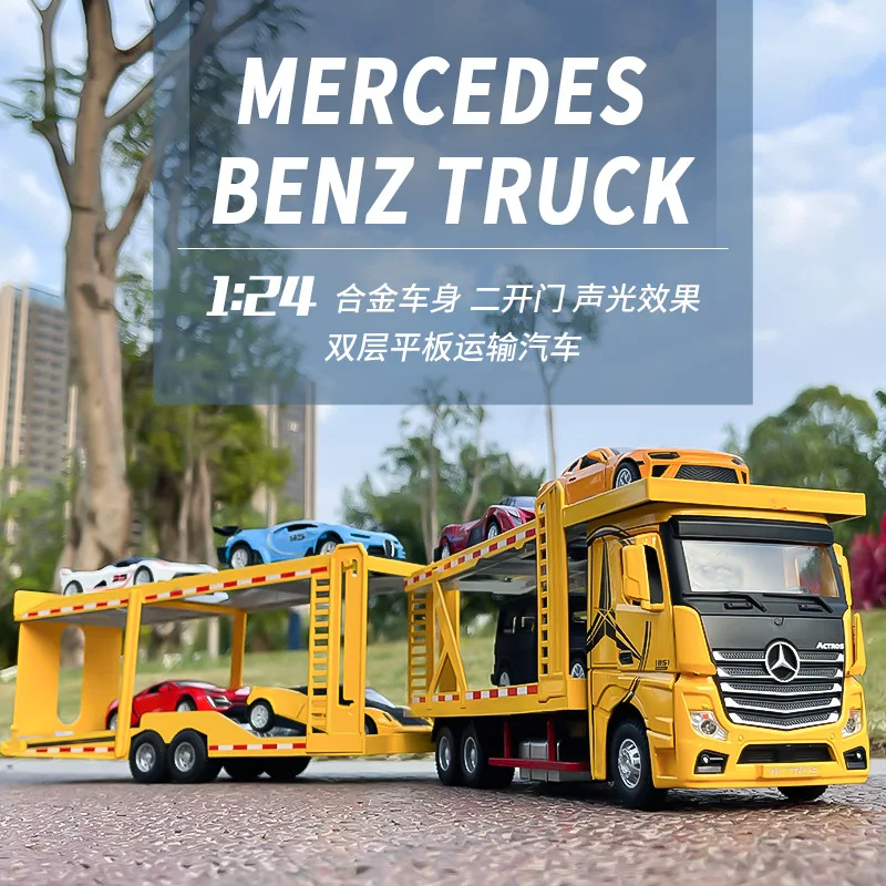 1:24 Double Decker Flatbed Transport Truck Alloy Diecast Car Model Toy with Sound Light Door Can Open Collection Gifts for Boy
