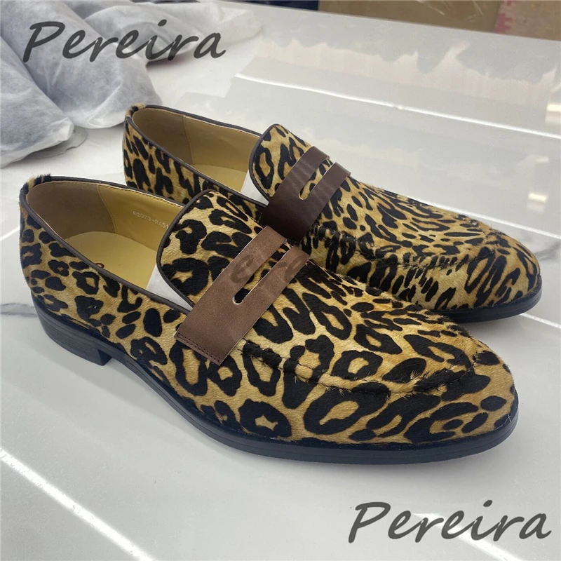 

Horsehair Leopard Print Men's Loafers Handmade Pointed Toe Low Heel Business Casual Shoes Summer Fashion Party Formal Shoes