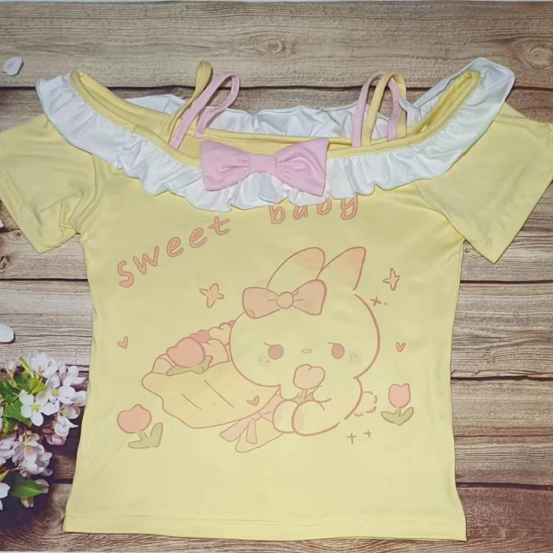 Sweet Cute Lolita Crop Tops Women Y2k Aesthetic Cartoon Bunny Print Bow T-shirt Japanese Casual Off Shoulder Tees Kawaii Y2k Top