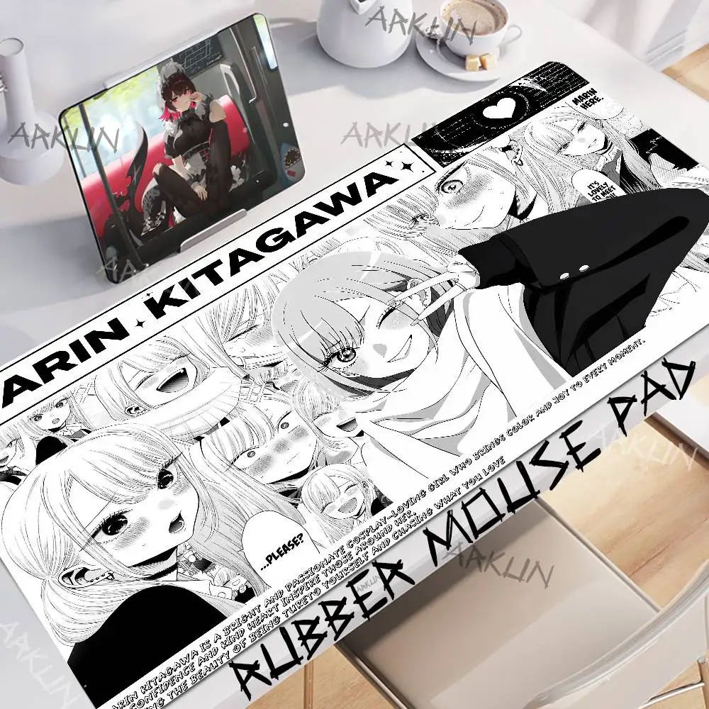Cute Girl Marin Kitagawa My Dress Up Manga Mouse Pad Black White Manga Collage Anime Desk Mat, Non-Slip Rubber Gaming Mousepad