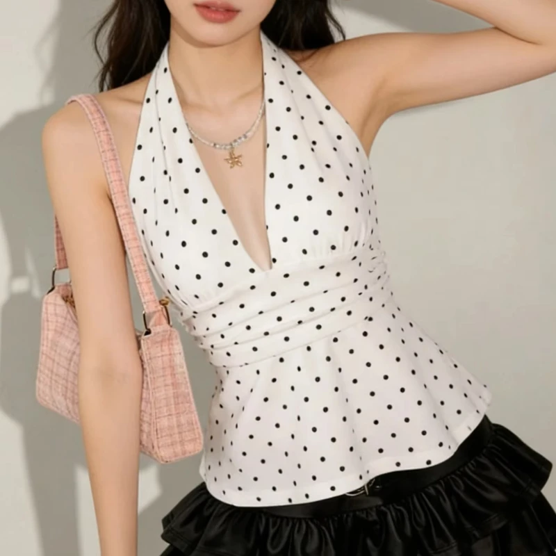 Fashion Harajuku Y2K Style Spice Girl Polka Dot Neck Waist Ruffled Top Deep V Sleeveless Vest Retro Pleated Minority Design Top