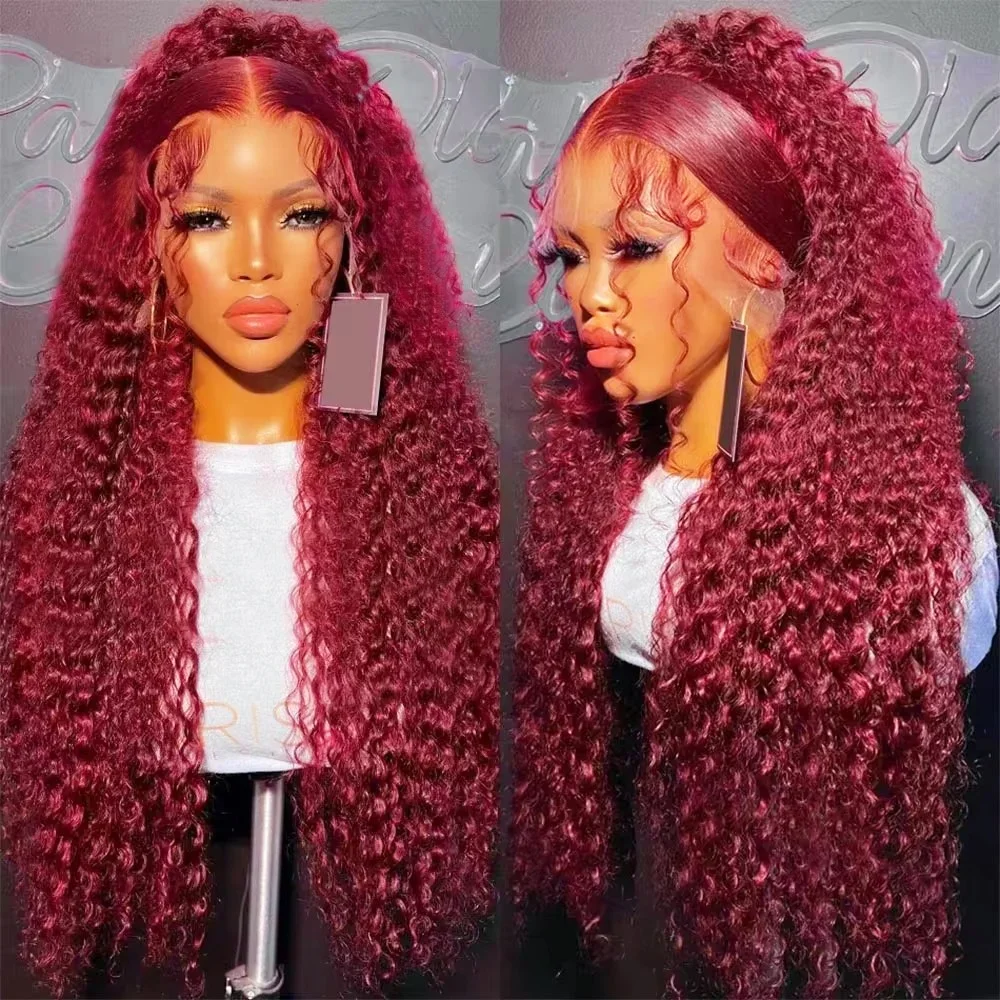 100% Human Hair Deep Wave 99J Burgundy Lace Frontal Wig 13x6 Curly 30 36Inch Lace Front Wigs Wine Red Drawstring Glueless Wigs