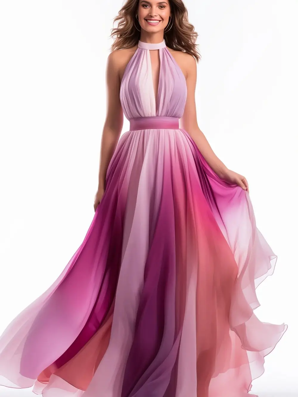 Damesjurk voor bruiloftsgasten, roze chiffon halterkraag, mouwloze maxi-jurk met gradiëntprint - afbeelding 2