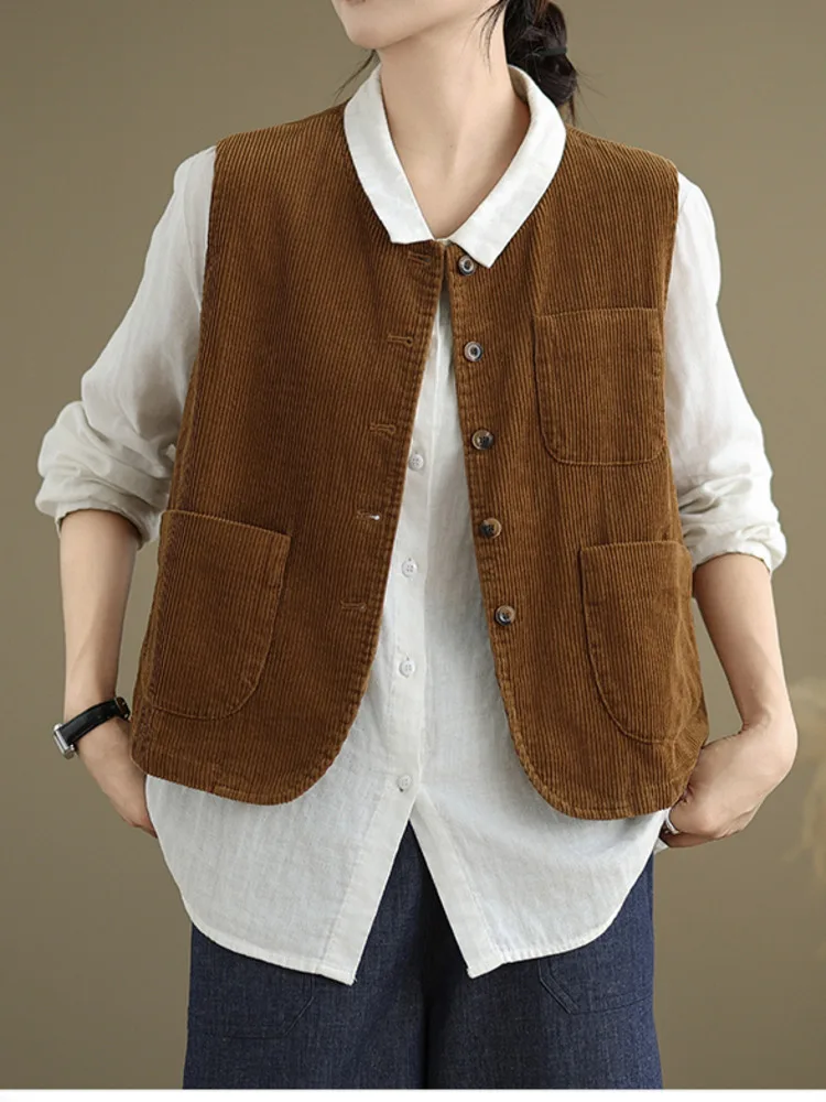 #5129 Vintage Corduroy Vest Women Single Breasted Short Vest Waistcoat Ladies O-Neck Loose Pockets Sleeveless Jacket Autumn 2024