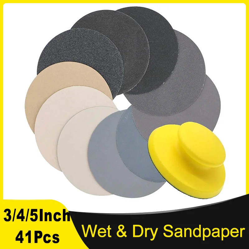 3/4/5 Inch Wet and Dry Sandpaper Kit 41 Pcs Grit 80 to 7000 Grits Assortment with Hand Sanding Block for Wood Metal Sanding