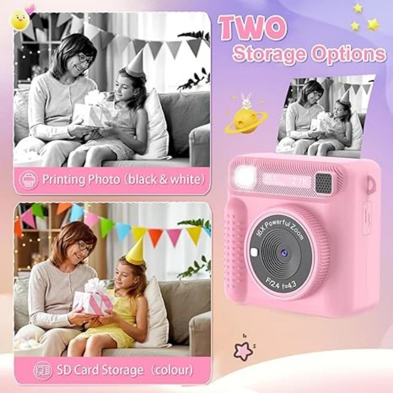 Cámara Digital de impresión instantánea para niños, cámara de vídeo y fotografía de 1080H con tarjeta de 32GB para niños y niñas, regalo de cumpleaños y Navidad