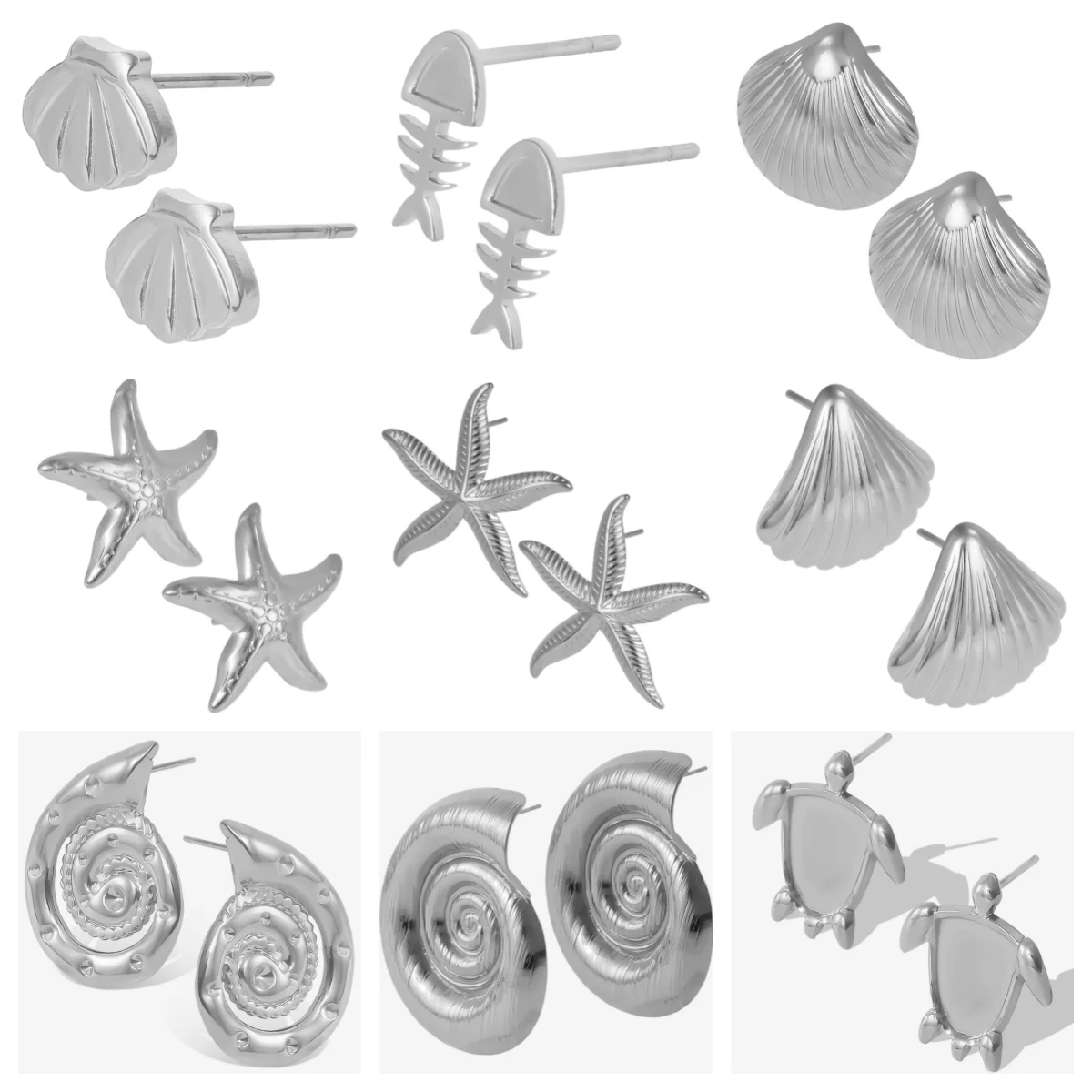 2Pcs High Quality Conch Shell Starfish Stainless Steel Ocean Series Puncture Silver Color Earring No Fading Jewelry With Earplug