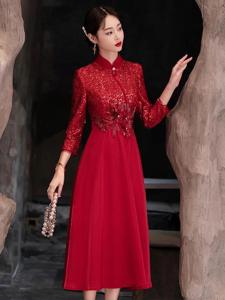 

Red Sequin Mom Wedding Dr Ele Young New Chinese Sle Wedding Celebration Costume Small Size A-Line Skirt Dr