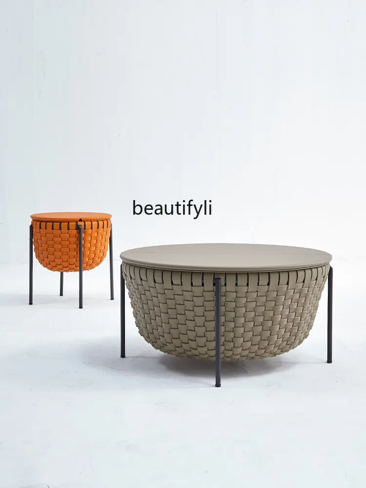 Italian Minimalist round Tea Table Saddle Leather Hand-Woven round Tea Table Combination Large Capacity Storage