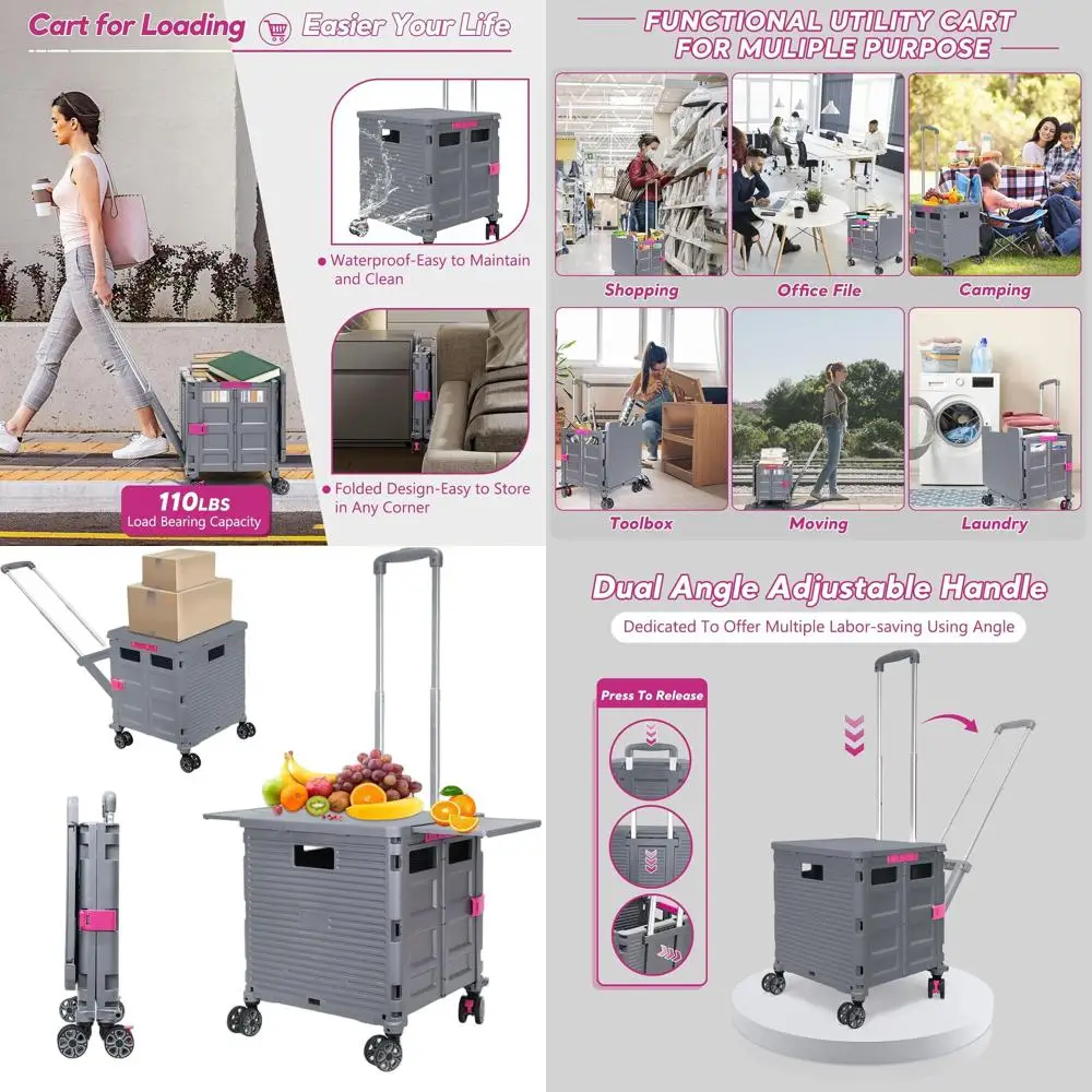 

Adjustable Telescoping Folding Cart with Rotating Wheels, Magnetic Lid, and Extended Handle for Grocery Shopping, Office Supplie