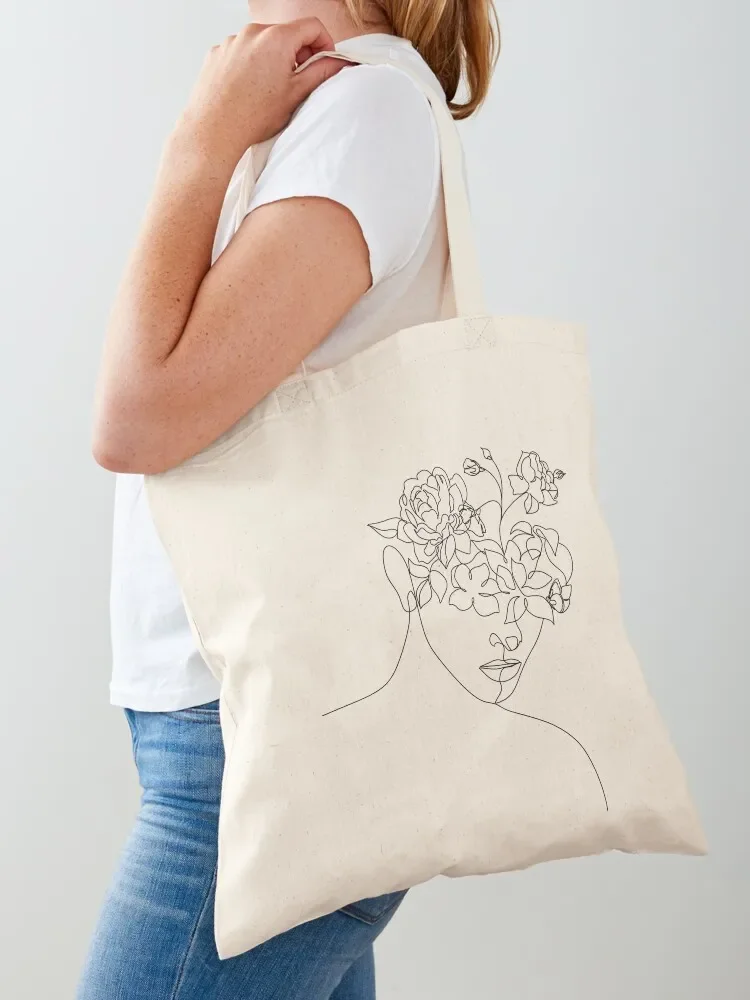 Flower Head Woman Art Woman With Plants on Head Flower Woman With Flower Head Line Drawing with peony Tote Bag