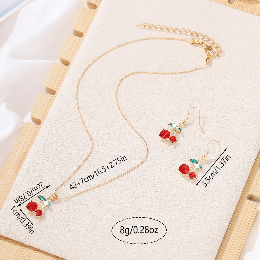 1/3pcs Inlaid Small Cherry PendantNecklace & Earring Jewelry Set, WomenGift