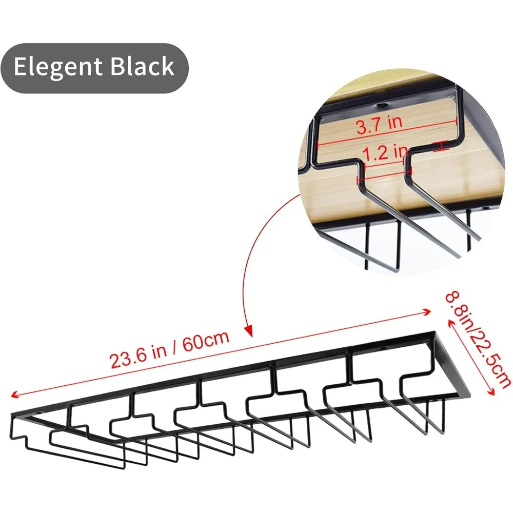 Under Cabinet Stemware Rack 6-Row Wine Glass Holder Storage Hanger for Kitchen Bar Black 2-Pack